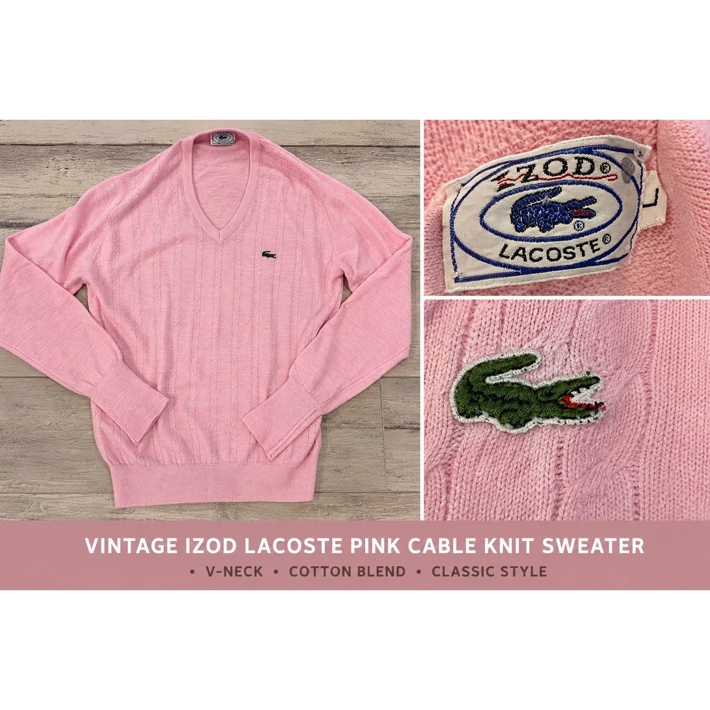 Izod Lacoste VTG-L-Mens Cardigan Sweater-PASTEL PINK-Coastal Grandpa Preppy Golf